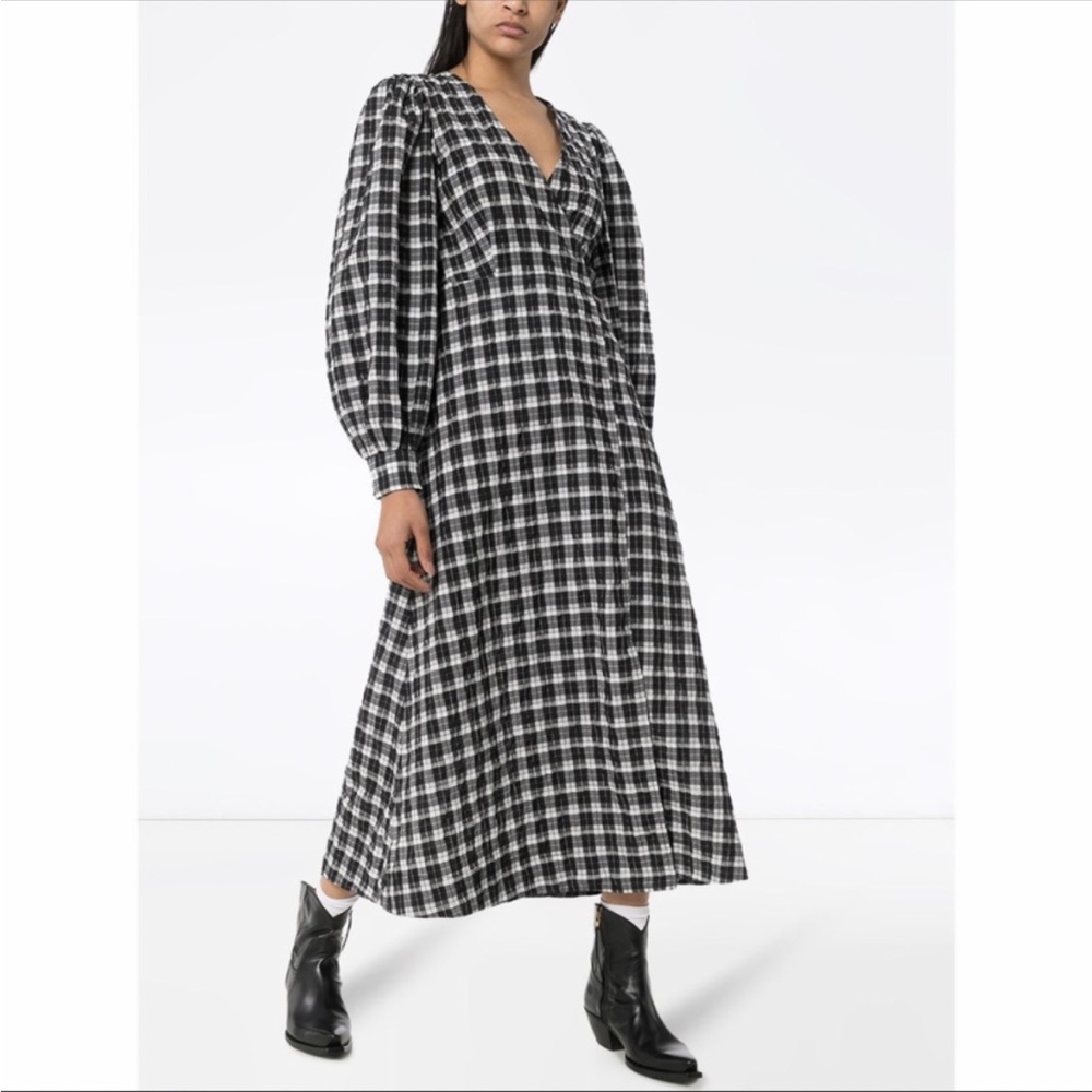 GANNI seersucker check print wrap dress